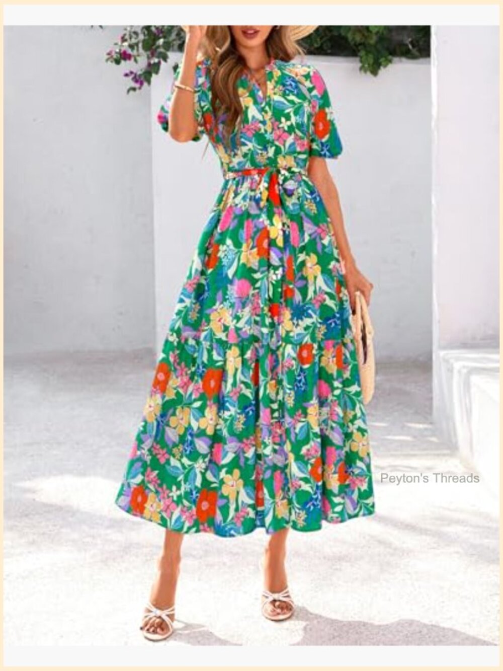 Boho Short Sleeve V Neck Button Belt Flowy Maxi Dress with Pockets - Picture 6 of 7